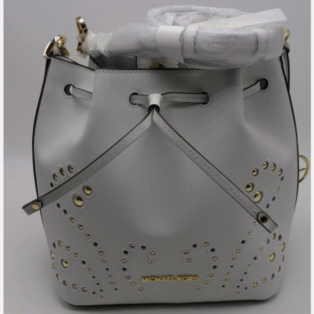 Michael Kors Trista Medium Bucket Bag Shoulder Studded White Leather Tote